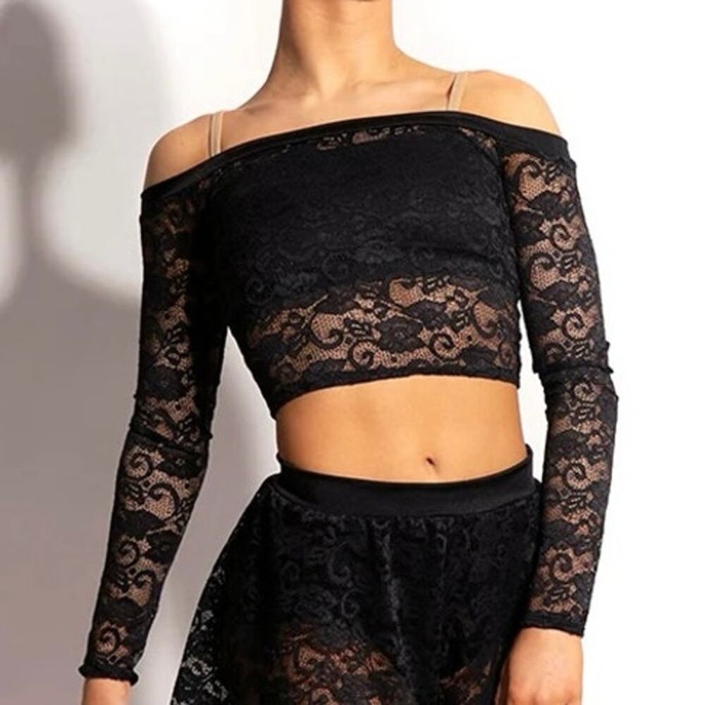 The Lineup Black Stretch Lace Mesh Crop Top Overlay Sheer Floral Dance Wear M